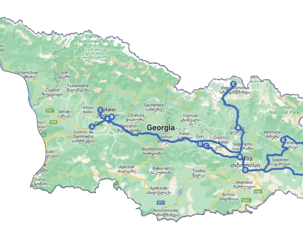 Mapa del itinerario de viaje por Georgia