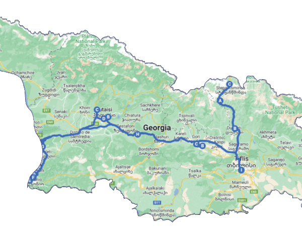 Ruta del viaje de 8 días por Georgia