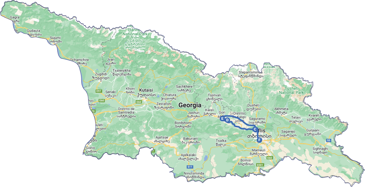 Mapa del recorrido por los sitios históricos de Georgia: Tbilisi, Mtskheta, Uplistsikhe y Gori.