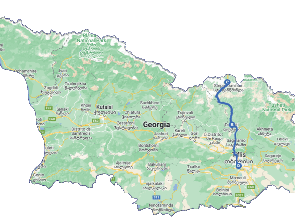 Mapa del recorrido desde Tbilisi a Kazbegi por la Carretera Militar Georgiana, incluyendo Ananuri.