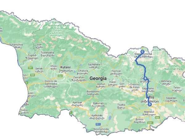 Mapa del recorrido desde Tbilisi a Kazbegi por la Carretera Militar Georgiana, incluyendo Ananuri.