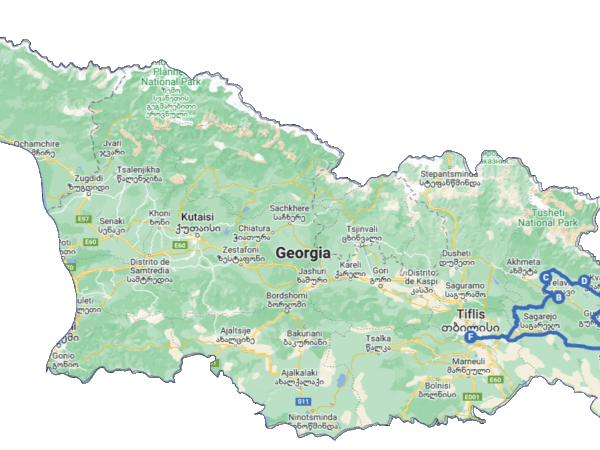 Mapa del recorrido por la región vinícola de Kakheti: Telavi, Alaverdi, Gremi y Kvareli.