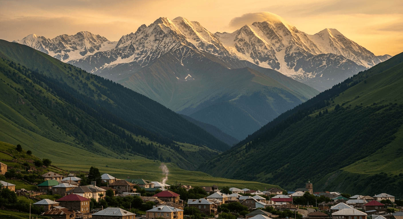 Paysage montagneux du Caucase avec village traditionnel, berceau de la gastronomie caucasienne unique