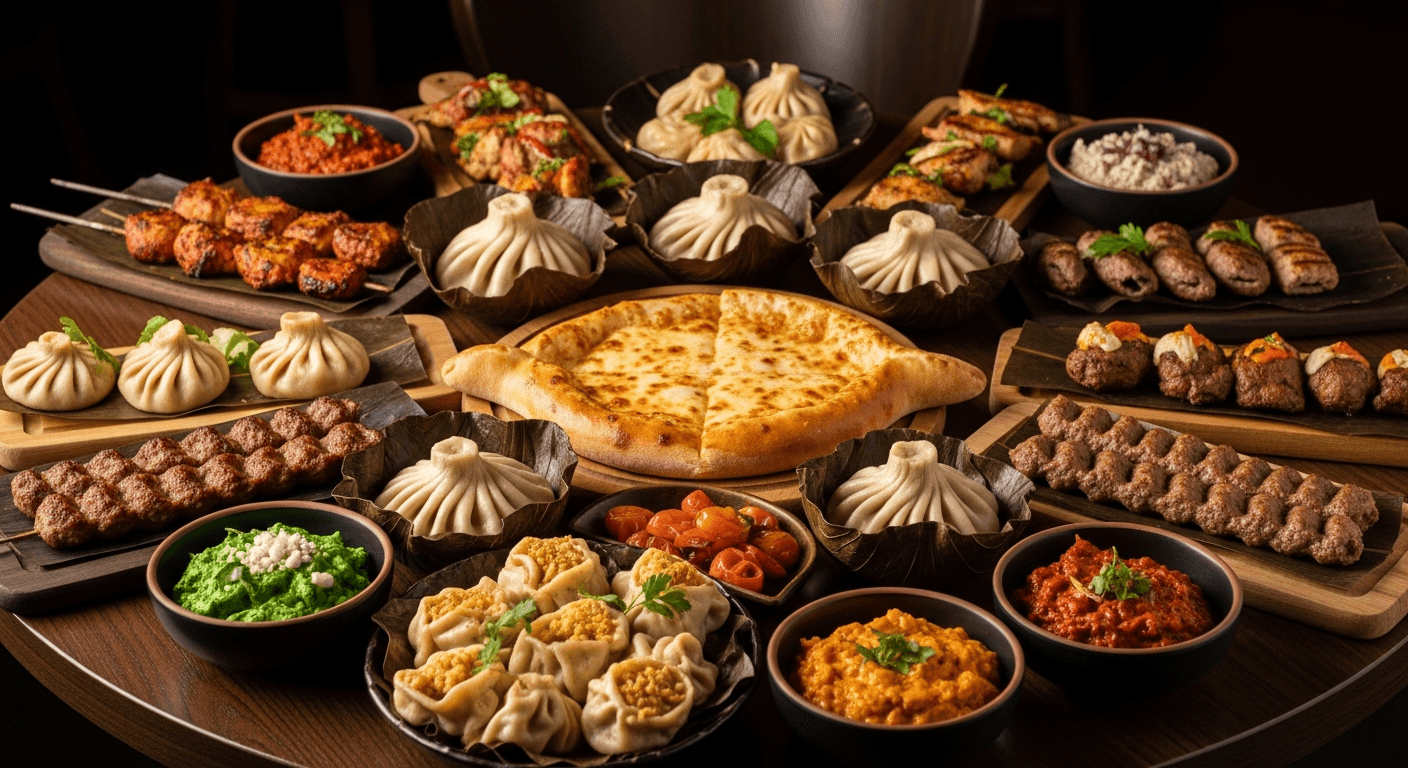 Table traditionnelle caucasienne avec khachapuri, kebabs, dolma et plats typiques de la gastronomie du Caucase