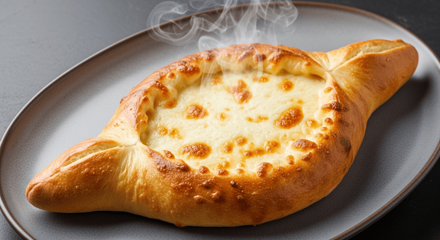 Khachapuri géorgien Adjaruli avec fromage fondu et œuf, plat typique de la gastronomie du Caucase