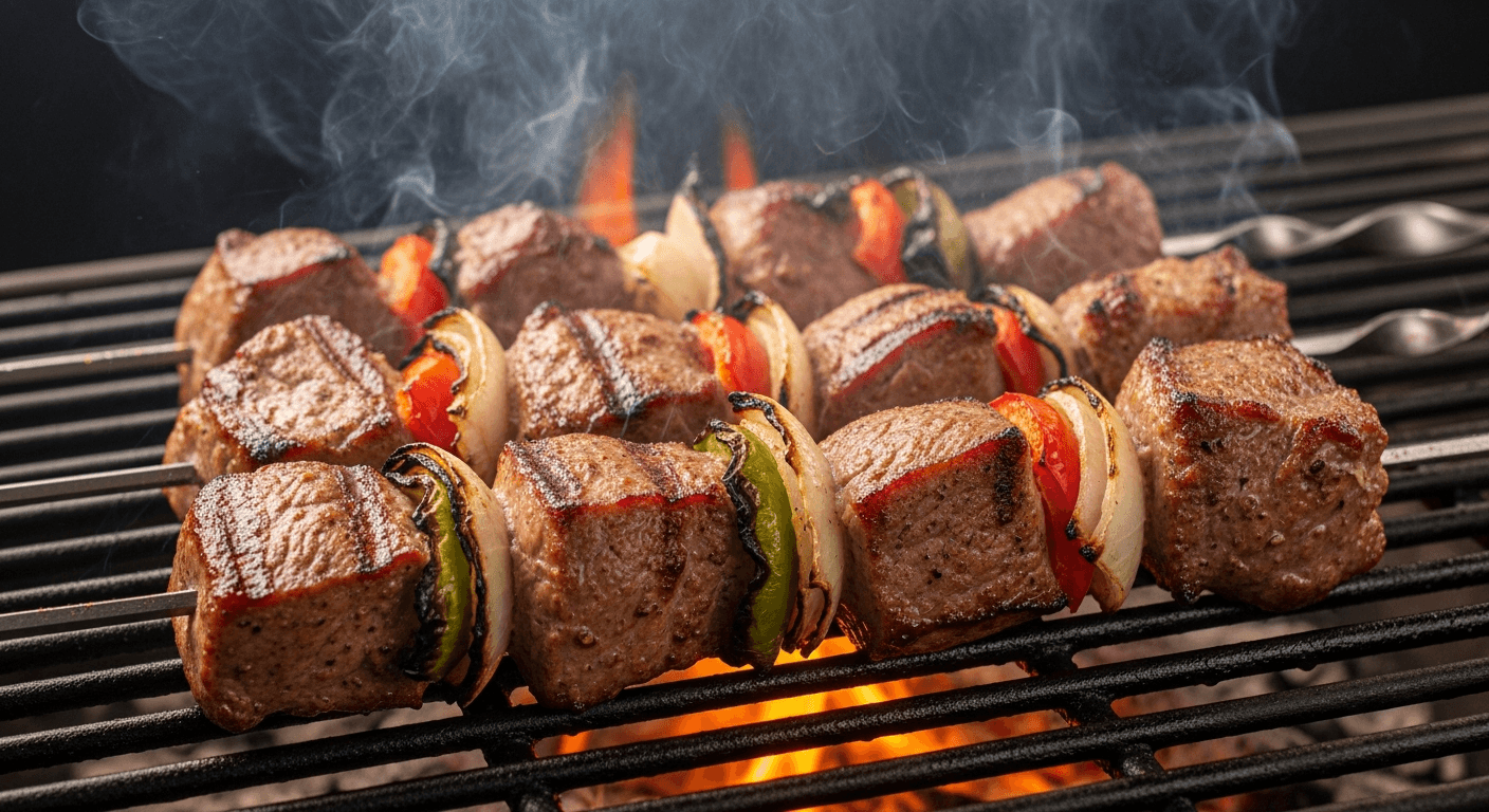 Shashlik caucasien cuisinant sur braises ardentes, kebabs traditionnels de la gastronomie du Caucase