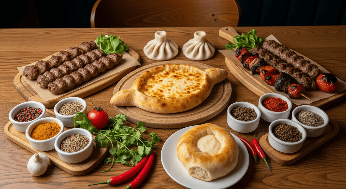 Table avec plats traditionnels du Caucase incluant khachapuri géorgien et kebabs aromatiques
