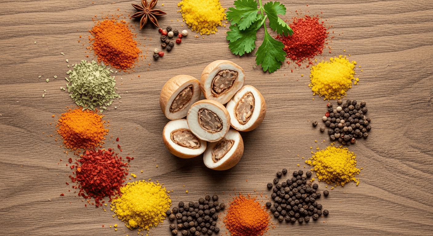 Ingrédients traditionnels de la cuisine caucasienne : noix, grenade, herbes fraîches et épices aromatiques