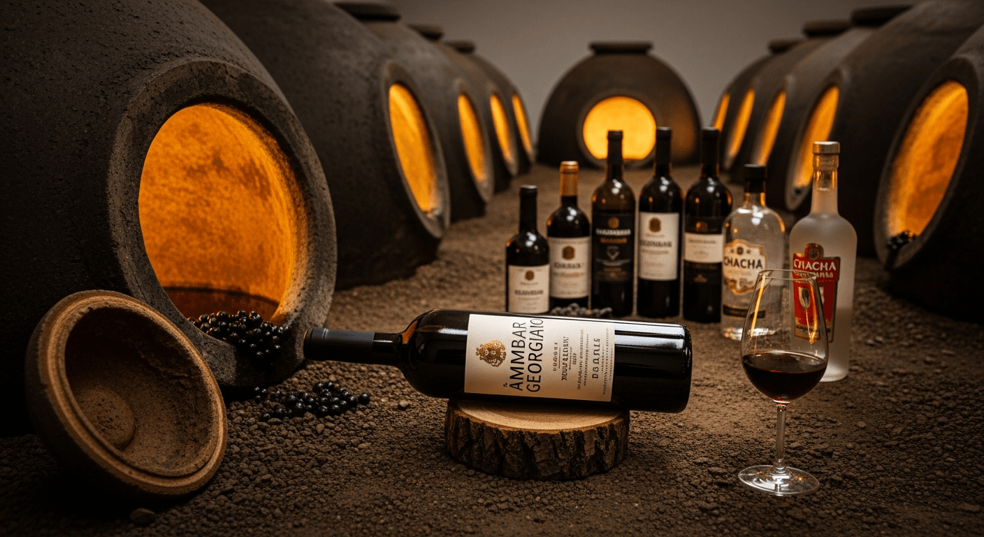 Cave géorgienne traditionnelle avec qvevris et vins ambrés, boissons typiques de la gastronomie du Caucase