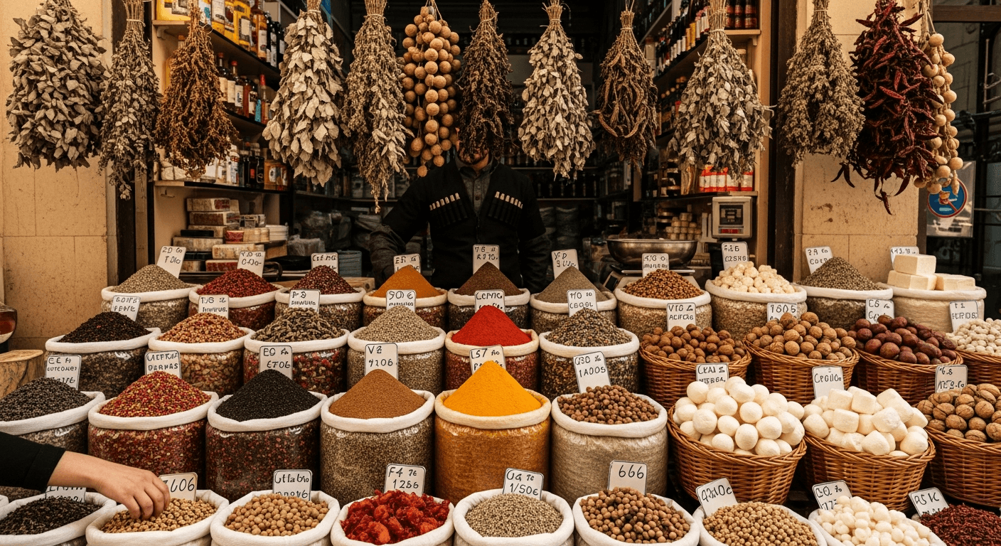 Marché traditionnel du Caucase avec épices de la Route de la Soie et ingrédients locaux