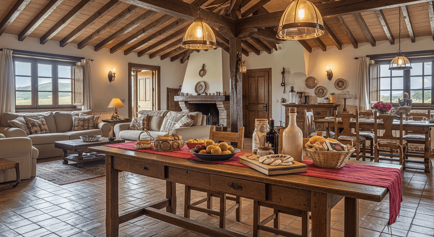 Interior acogedor casa rural con decoración tradicional y productos locales artesanales