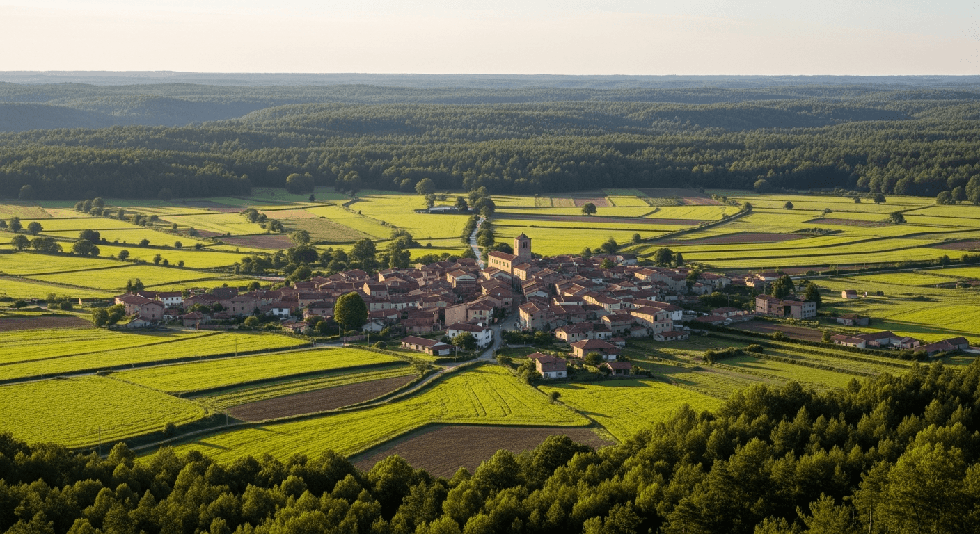 Vista aérea pueblo rural sostenible rodeado de naturaleza y campos cultivados ecológicos