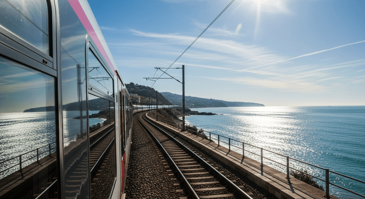 Train côtier économique avec vue sur la mer pour vacances à la plage pas chères et transport intelligent