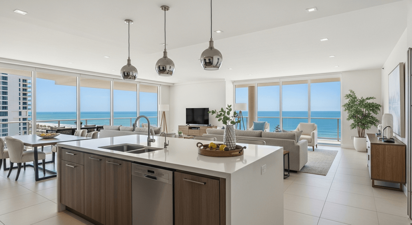 Appartement de vacances économique avec cuisine et vue sur la mer pour vacances à la plage pas chères