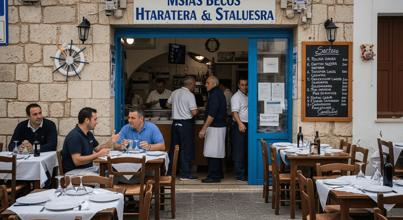 Restaurant local économique avec pêcheurs mangeant des fruits de mer frais pour tourisme gastronomique pas cher