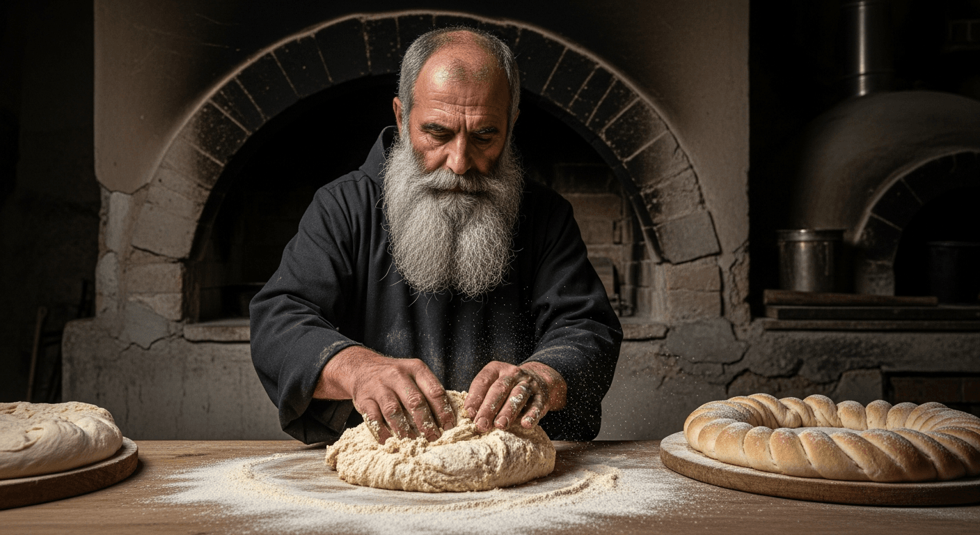 Monje georgiano preparando pan tradicional puri en monasterio del Cáucaso - gastronomía monasterios Georgia