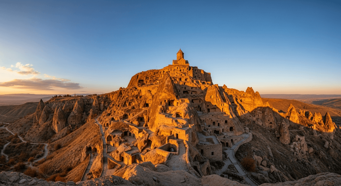Vista panorámica de Uplistsikhe Georgia ciudad excavada en roca volcánica sitio arqueológico Georgia