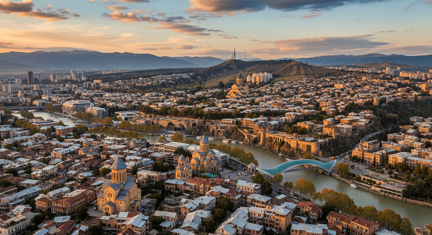 Vista panorámica de Tbilisi capital de Georgia mostrando arquitectura mixta y montañas del Cáucaso