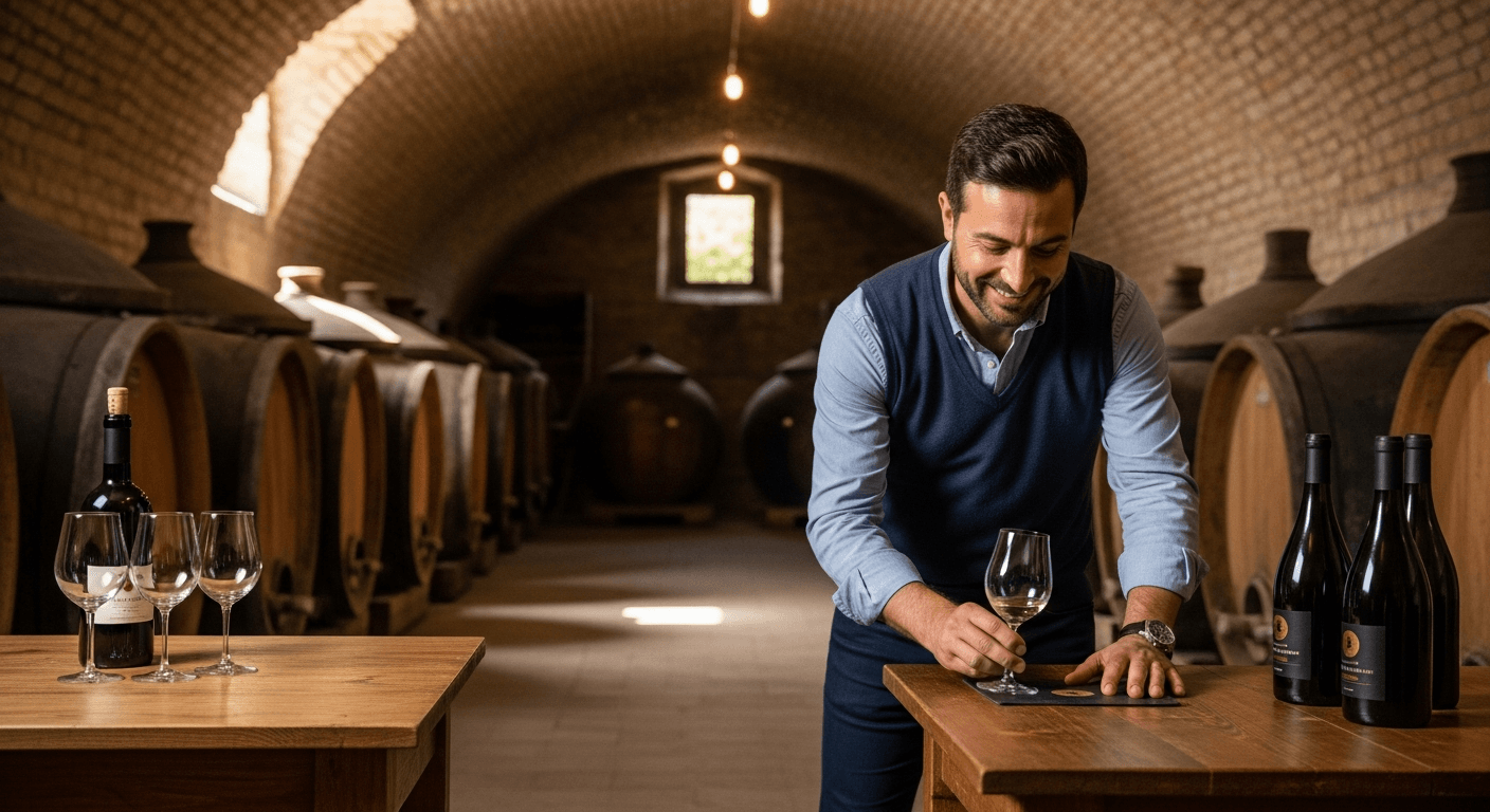 Interior de bodega tradicional georgiana con tinajas qvevri y cata de vinos georgianos
