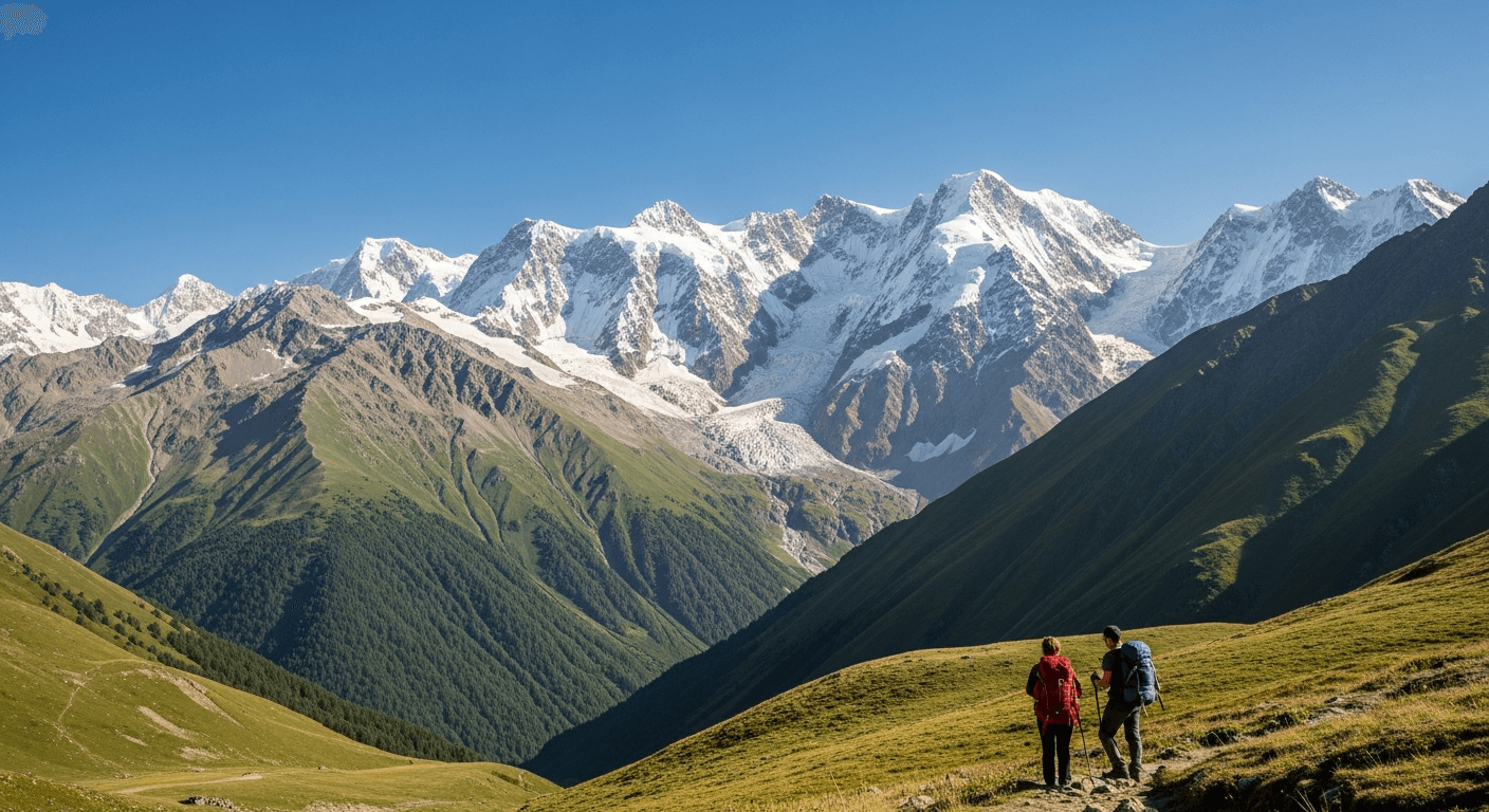 Paisaje montañoso del Cáucaso en Georgia con senderos de trekking y picos nevados