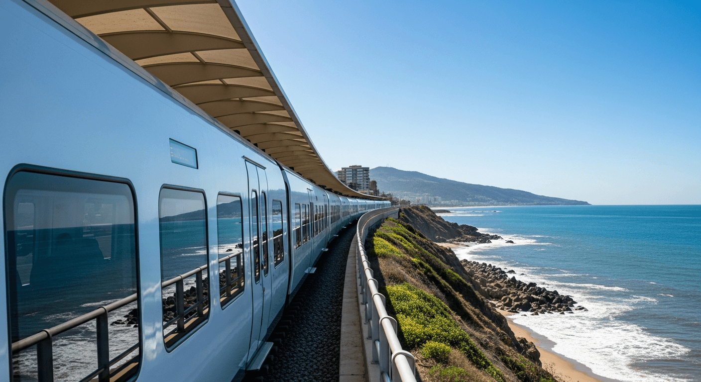 tren económico viajando por costa para vacaciones de playa baratas con vistas al mar