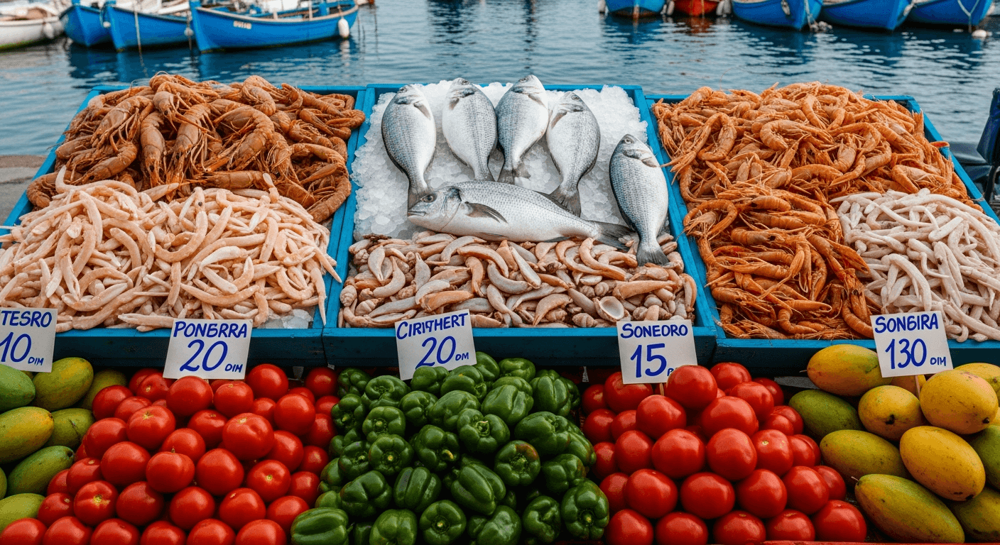 mercado local de pescado fresco para comer barato en vacaciones de playa económicas