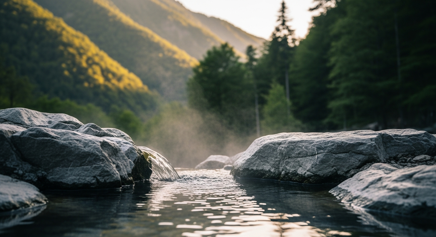 Mineralwasserquelle Borjomi im Kaukasus, Georgien, mit bewaldeten Bergen im Hintergrund