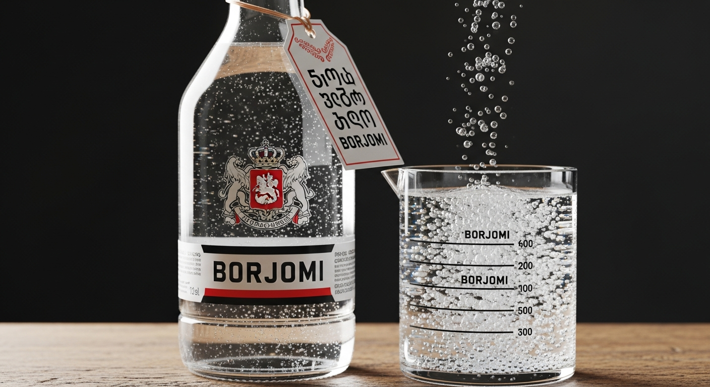 Flasche und Glas Mineralwasser Borjomi Georgien mit heilenden und therapeutischen Eigenschaften