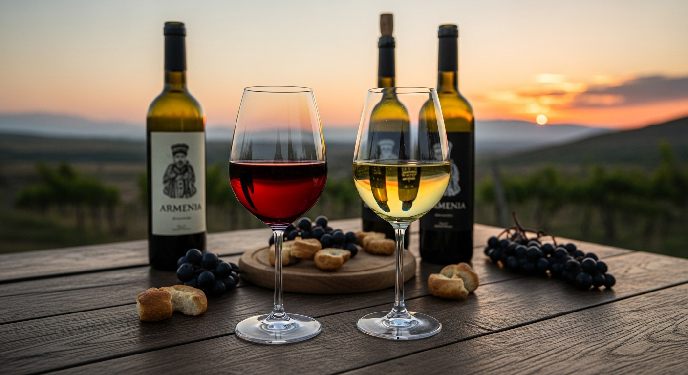 Degustación de vinos armenios en Yerevan Wine Days 2026, copas de vino tinto y blanco con Cascada de fondo al atardecer, festival enológico junio