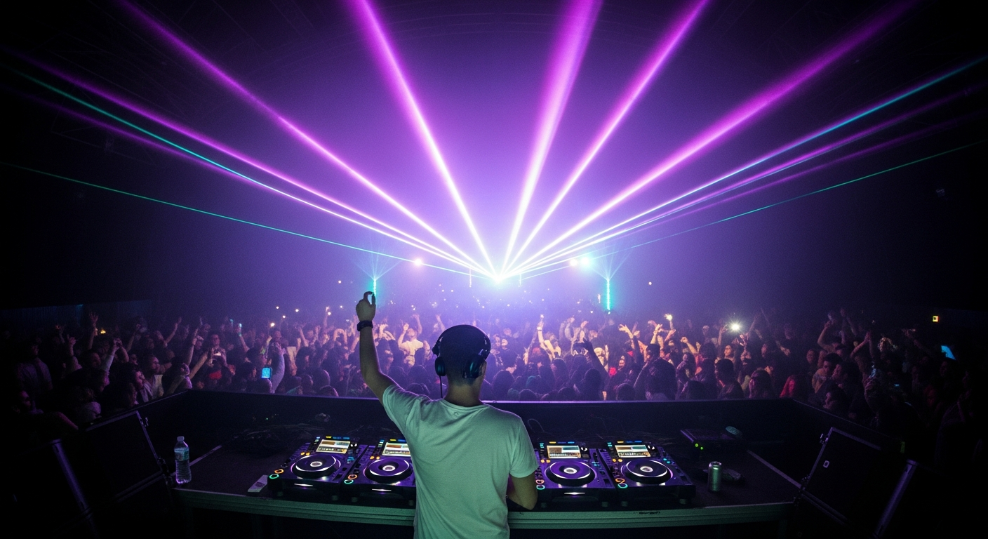 DJ en vivo Yerevan Music Festival junio 2026, luces electrónicas neón, música techno bass house, festival electrónico armenio